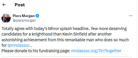 Piers Morgan reacts as Kevin Sinfield blocked from receiving knighthood