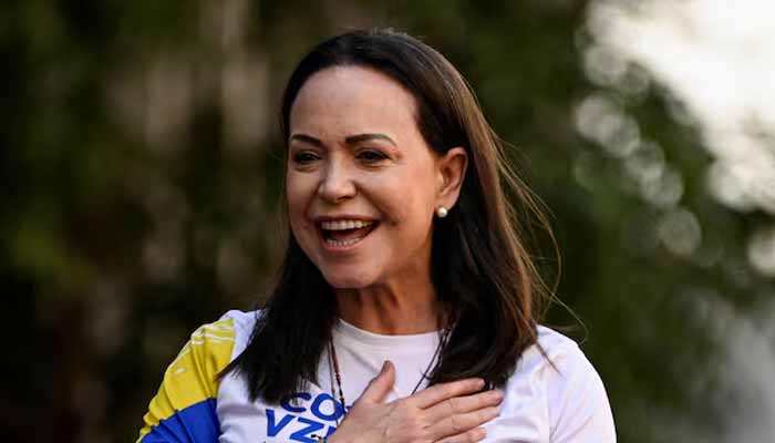 Venezuelan opposition leader Maria Corina Machado gestures at a protest ahead of the Friday inauguration of President Nicolas Maduro for his third term, in Caracas, Venezuela, January 9, 2025.— Reuters