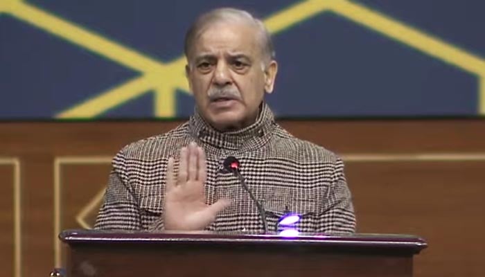 Prime Minister Shehbaz Sharif addresses National Ulema Convention in Islamabad, Decemeber 10, 2025. — Screengrab via YouTube/Geo News
