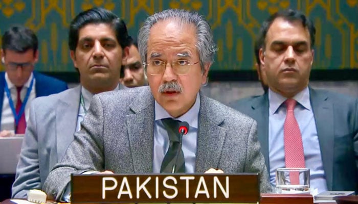 Pakistans permanent representative to UN Ambassador Asim Iftikhar Ahmad speaks at United Nations Security Council on December 11, 2025. — X@PakistanUN_NY