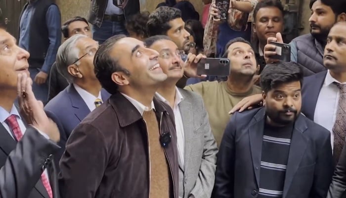 PPP Chairman Bliawal Bhutto Zardari gets interrupted while talking to the media in Lahore, December 10, 2025. — X/@MediaCellPPP