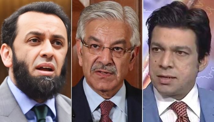 This collage shows Faisal Vawda, Khawaja Asif and Atta Tarar. — Radio Pakistan/Radio Pakistan/X@NAofPakistan