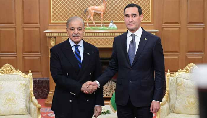Prime Minister Shehbaz Sharif shakes hands with Turkmenistan President Serdar Berdimuhamedov during their meeting in Ashgabat, Turkmenistan, December 11, 2025. — X/@GovtofPakistan