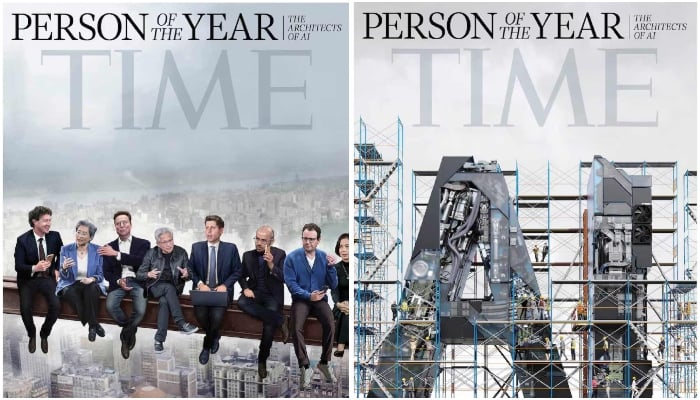 The two covers of Time magazines 2025 Person of the Year issue with an illustration (right) depicting tech giants in this handout combination image, December 11, 2025. — Reuters