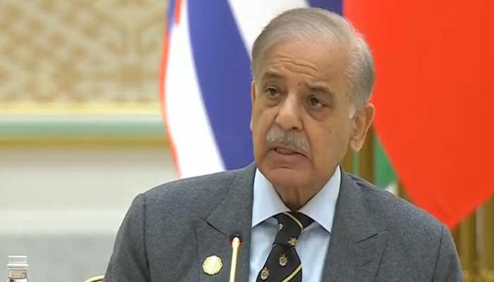 PM Shehbaz Sharif addresses forum dedicated to the International Year of Peace and Trust 2025, the International Day of Neutrality, and the 30th Anniversary of Permanent Neutrality on December 12, 2025. — Screengrab via Geo News