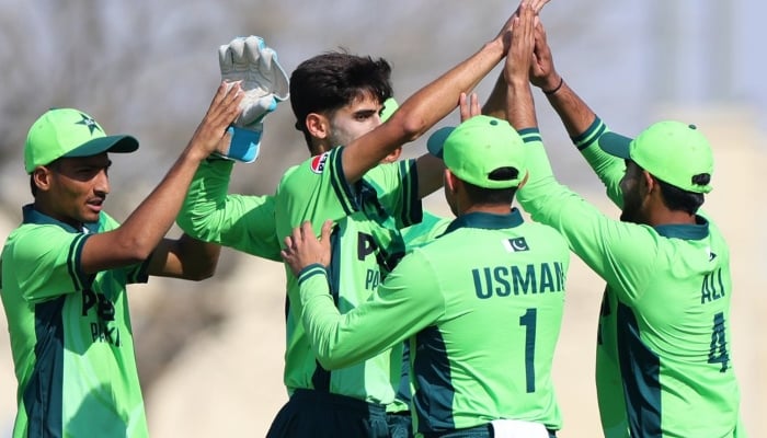 Pakistan players celebrate a wicket during their ACC Mens U19 Asia Cup match against Malaysia at The Sevens, Dubai, December 12, 2025. — X/@TheRealPCB