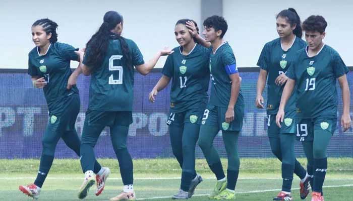 Pakistans Mariam Mahmood (third from left) celebrates scoring their third goal with teammates during their AFC Women’s Asian Cup Qualifiers Group D match against Kyrgyzstan on July 5, 2025. — AFC