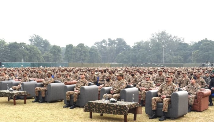 Officers and soldiers listen as CDF and COAS Field Marshal Asim Munir speaks to them at Gujranwala and Sialkot Garrisons on December 13, 2025. — ISPR