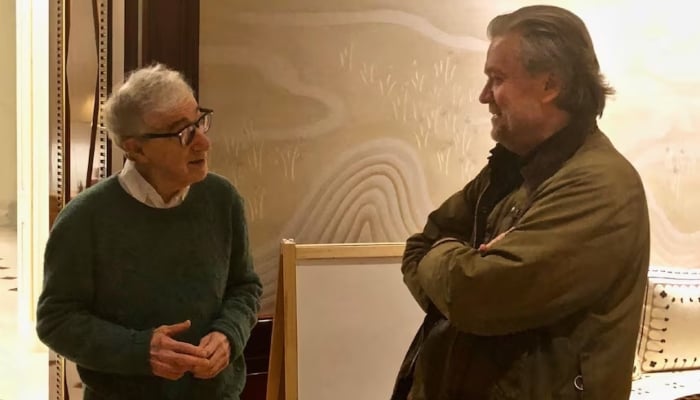 Woody Allen and Steve Bannon stand in this handout image from the estate of late financier and convicted sex offender Jeffrey Epstein, released by Democrats on the House Oversight Committee in Washington, DC, US, on December 12, 2025. — Reuters