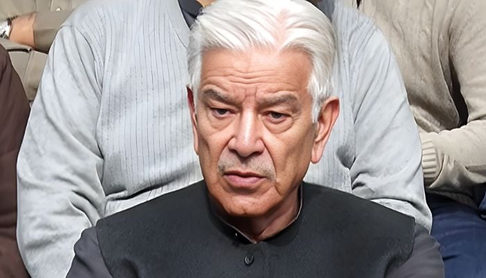 Defence Minister Khawaja Asif addressing presser in Sialkot on December 13, 2025. — Screengrab Geo News