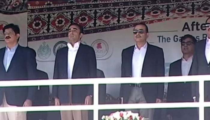 Sindh CM Murad Ali Shah, PPP Chairman Bilawal Bhutto Zardari and Chief of Defence Forces and Chief of Army Staff Field Marshal Asim Munir pictured at the closing ceremony of National Games in Karachi on December 13. — GeoNewsLive