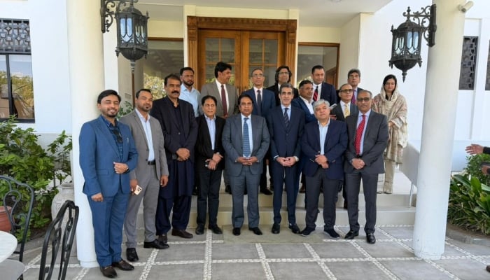 Members of the Pakistani delegation led by Minister of State Awn Chaudhry and UAE officials pose for the picture. — Geo.tv