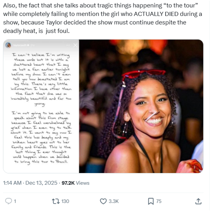 Taylor Swift fans accuse singer of twisting narrative after deadly event