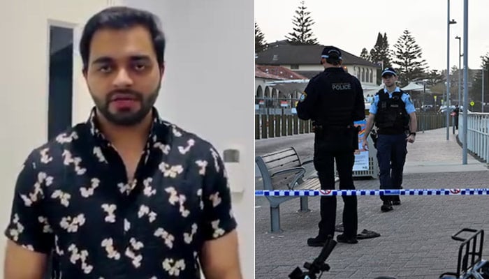 This collage shows Sheikh Naveed (left) and police officers standing guard following the attack at Sydneys Bondi Beach in Australia on December 15, 2025.— X/@MurtazaViews/Reuters