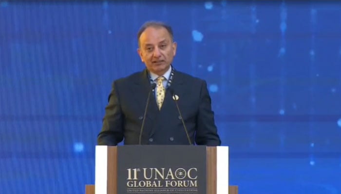 Federal Minister for Climate Change Musadik Malik addresses 11th UNAOC Global Forum in Riyadh on December 15, 2025. — Ministry of Climate Change