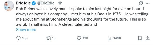 Eric Idle recalls final conversation with Rob Reiner before tragic death