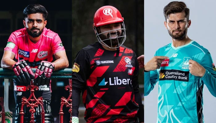 This collage of pictures shows Pakistani cricketers Babar Azam (left), Mohammad Rizwan (centre) and Shaheen Shah Afridi. — Facebook/Sydney Sixers/Melbourne Renegades/ Brisbane Heat