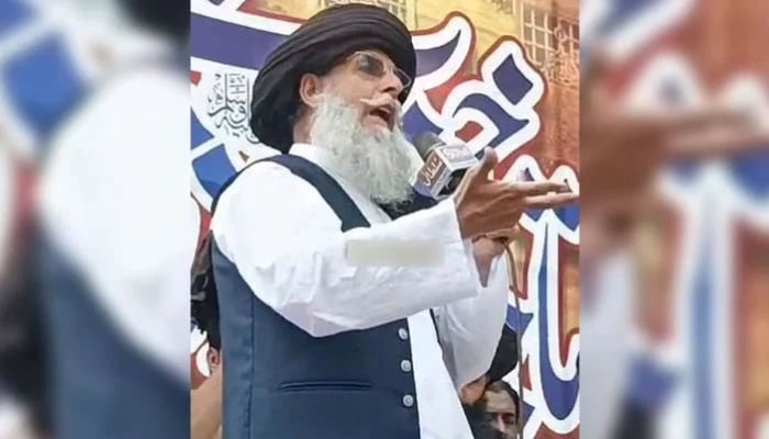 TLP leader Pir Zaheerul Hasan Shah speaks at a protest rally outside Lahore Press Club on July 28, 2024. — Geo News/reporter