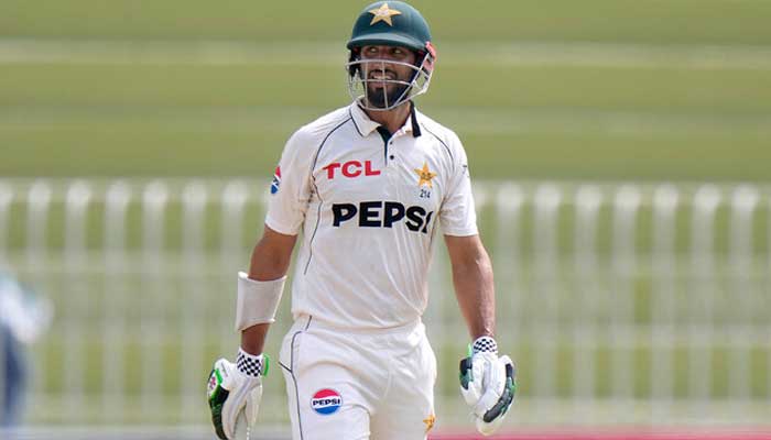 Pakistans Shan Masood reacts after his dismissal during the fifth day of first cricket test match between Pakistan and Bangladesh, in Rawalpindi, Pakistan, on August 25, 2024. — Reuters