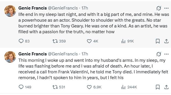 Anthony Geary death: General Hospital star Genie Francis pays tribute