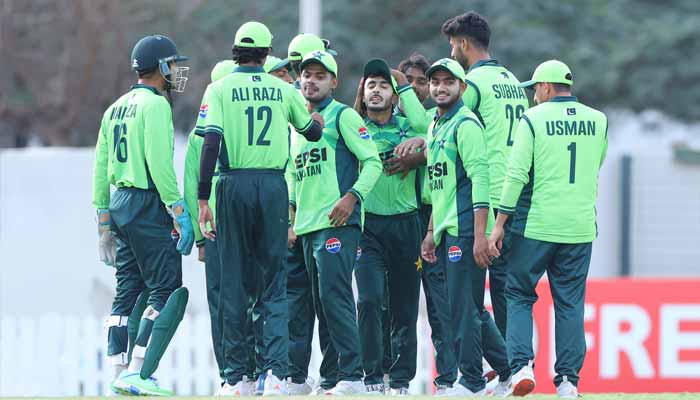 Pakistan under-19 cricketers celebrate after taking wicket against United Arab Emirates in must-win ACC Mens U19 Asia Cup clash at ICC Academy, Dubai, United Arab Emirates, December 16, 2025. — X/@TheRealPCB