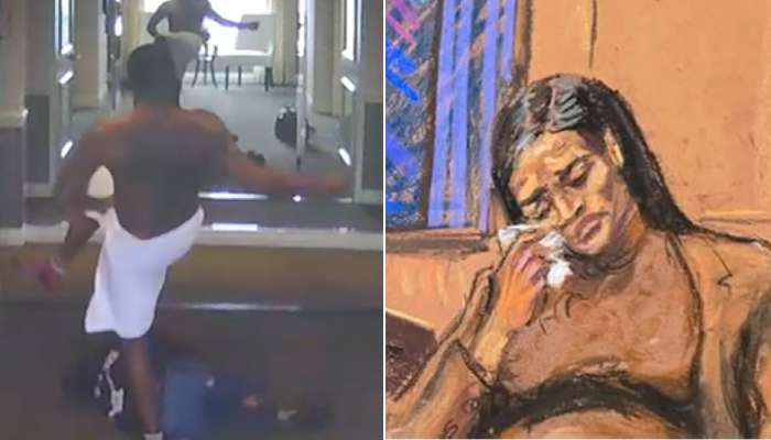 Left: Diddy pictured assaulting Cassie in 2016 hotel security footage. Right: Cassie takes the stand