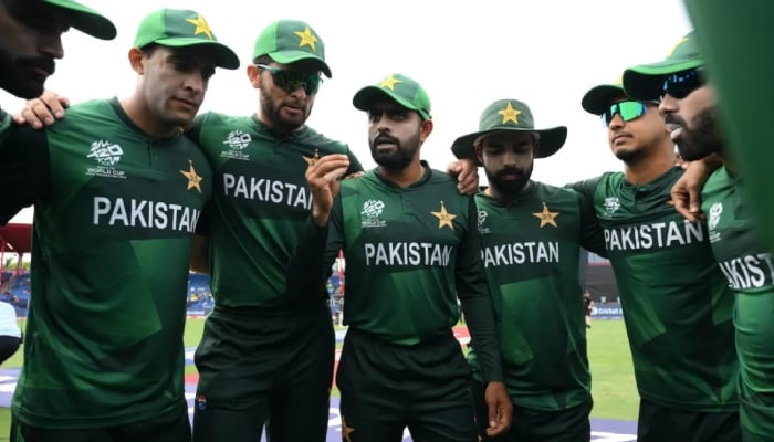 Pakistans then-T20I captain Babar Azam speaks to his players ahead of their T20 World Cup 2024 game against Ireland, June 16, 2024, Florida, US. — ICC