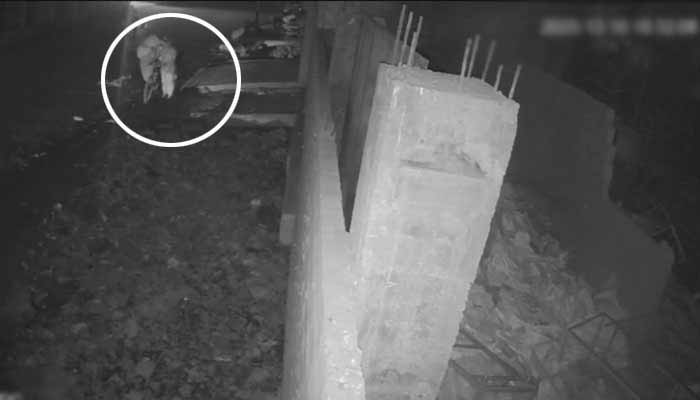 This screengrab from a CCTV footage shows elderly man walking alongside his bicycle before falling into a nullah near Korangis Kababddi Ground, Karachi. — YouTube/Geo News