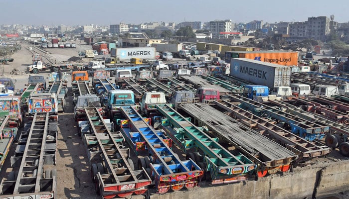 Trucks seen parked during strike called by Goods Transporters Association at Maripur road in Karachi on December 17, 2025. — Online