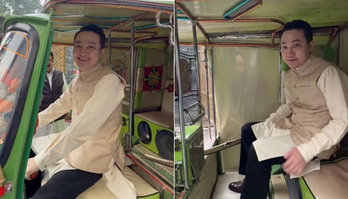 This collage shows Crypto billionaire Justin Sun sitting in a rickshaw during his visit to Pakistan. — X@justinsuntron