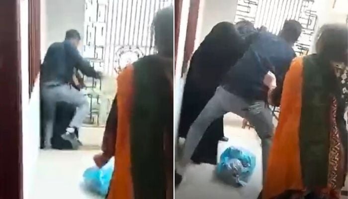 This collage of photos shows a domestic worker being assaulted by a man in Buffer Zone, Karachi, December 11, 2025. — Reporter