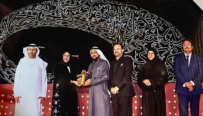 The Pakistan Educational & Cultural Board (PECB) Chairman Hasan Hokal, Vice-Chairman Rashid Ashraf, Pakistan Education Academy Principal Shamaela Ahmad, and English Language Private School Principal Muhammad Atif receive the Gold Category Award. — Reporter