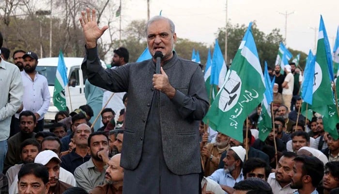 Jamaat-e-Islami (JI) Emir Hafiz Naeem ur Rehman addresses party workers in this image released on February 11, 2024. — Facebook/Hafiz Naeem ur Rehman