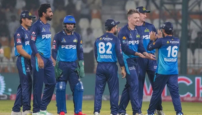 Multan Sultans players celebrate a wicket during their PSL 10 match against Lahore Qalandars at the Multan Cricket Stadium in Multan on April 22, 2025. — PCB