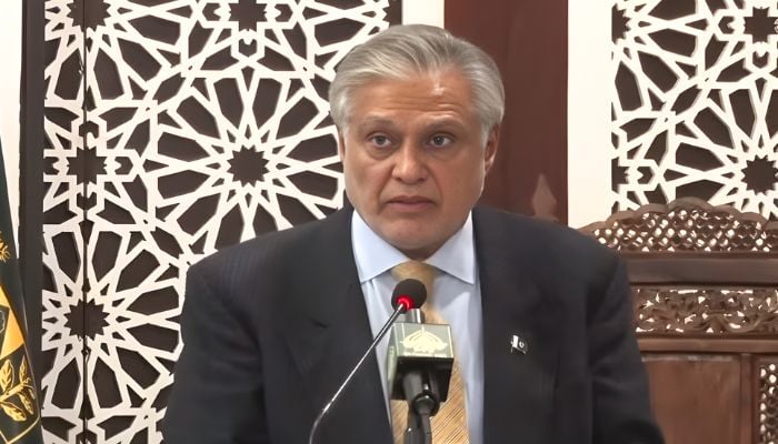 Deputy Prime Minister speaking to diplomats in Islamabad on December 19, 2025. — Screengrab via Geo News