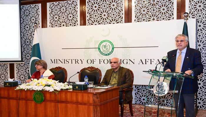 Deputy Prime Minister and Foreign Minister Ishaq Dar is addressing the foreign diplomats at the Ministry for Foreign Affairs in Islamabad on December 19, 2025. — X/@ForeignOfficePk