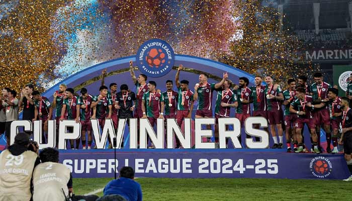 Indian football club Mohun Bagan Super Giant celebrates victory in Super League 2024-25. — X/@mohunbagansg