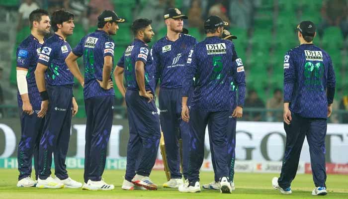 Quetta Gladiators players celebrate a dismissal during their PSL 10 match against Multan Sultans at the Gaddafi Stadium in Lahore on April 29, 2025. — PCB