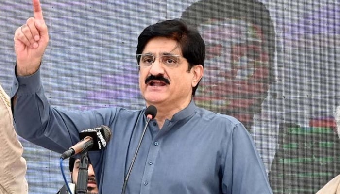 Sindh Chief Minister Murad Ali Shah addresses the gathering on the 58th Foundation Day of the PPP at Municipal Stadium, Larkana, Sindh, November 30, 2025. — APP