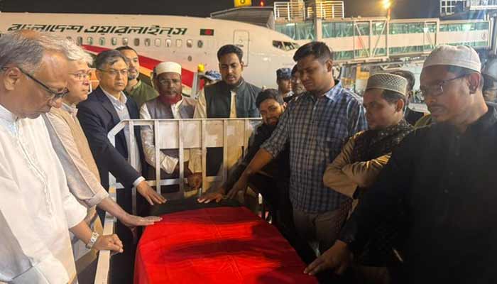 Body of Osman Hadi, Bangladeshs popular student leader, arrives at Hazrat Shahjalal International Airport in Dhaka, Bangladesh, December 19, 2025. — X/@ChiefAdviserGoB