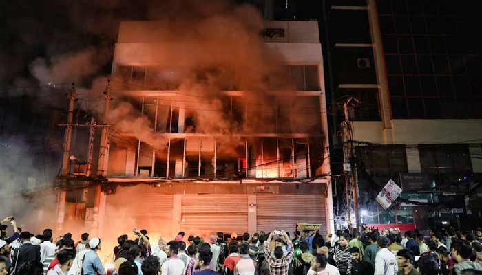 A group of people set fire to the Prothom Alo newspaper office in Karwan Bazar, following the death of Sharif Osman Hadi, a student leader who had been receiving treatment in Singapore after being shot in the head, in Dhaka, Bangladesh, December 19, 2025.— Reuters