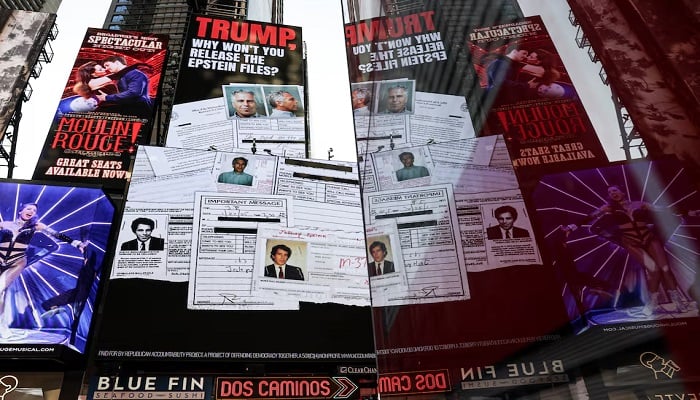 A screen displaying information about the Jeffrey Epstein files is shown in Times Square, New York City, U.S., July 23, 2025.— Reuters