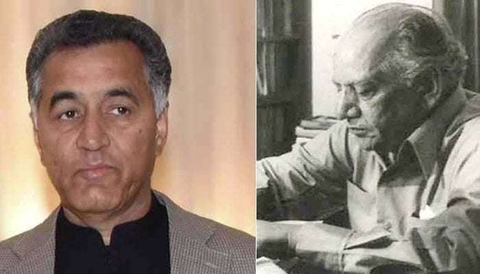 This collage features renowned poet Faiz Ahmed Faiz (right) and ex-spymaster and former Lieutenant General Faiz Hamid. — APP/Geo News/File