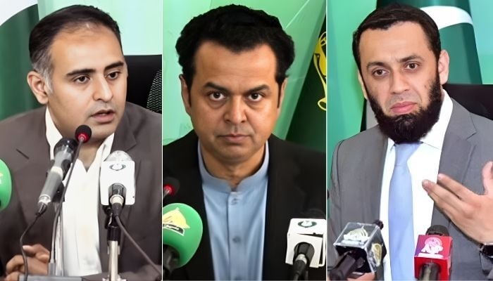 Photo collage shows Minister of State for Railways and Finance Bilal Azhar Kayani, Minister of State for Interior and Narcotics Control Talal Chaudhry and Federal Minister for Information and Broadcasting  Attaullah Tarar. — Radio Pakistan
