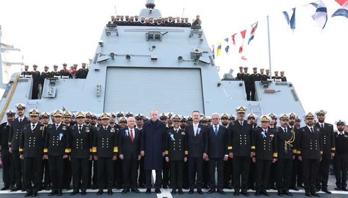 CNS Admiral Naveed Ashraf, Turiyes President  Recep Tayyip Erdogan pictured at the commissioning ceremony of PNS Khaibar on December 21, 2025.  — X@dgprPaknavy