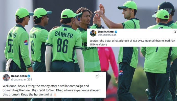 Pakistan players celebrate after winning Mens U19 Asia Cup final against India at ICC Academy, Dubai, December 21, 2025. — PCB