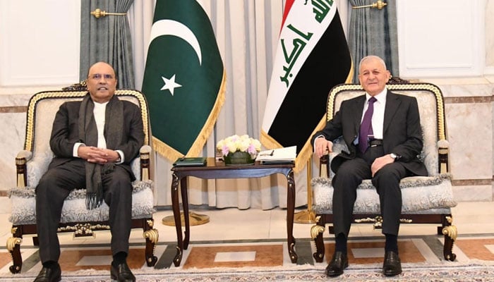 President Asif Ali Zardari holds a one-on-one meeting with his Iraqi counterpart Dr Abdul Latif Jamal Rashid at Baghdad Palace on December 21, 2025. — PID