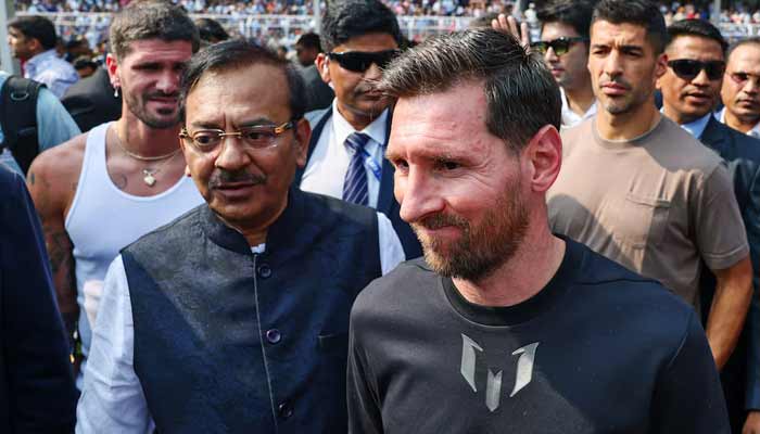 Argentine soccer star Lionel Messi with his inter Miami teammates on a whirlwind tour of India’s Kolkata on December 13, 2025.
