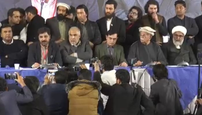 PTI Chairman Barrister Gohar Ali Khan, MWM Senator Allama Raja Nasir Abbas and TTAP chief Mahmood Khan Achakzai address a TTAP conference in Islamabad on December 21. — Screengrab via X/@TTAP_OFFICIAL