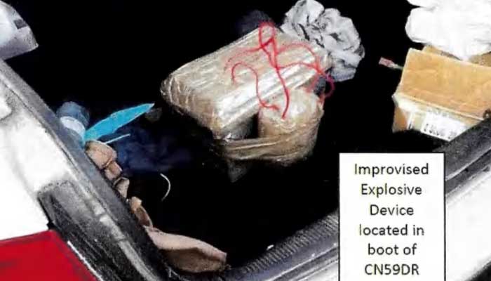 An IED located in the boot of the vehicle CN59DR used by Sajid and Naveed Akram in this still image taken from a court document released on December 22, 2025. — Reuters